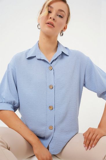 Kısa Kol Oversize Keten Gömlek 20240 - B.Mavi resmi